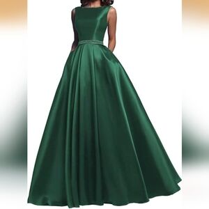 NWT Elegant Green Satin Ball Gown Dress with Beaded Waist & Pockets